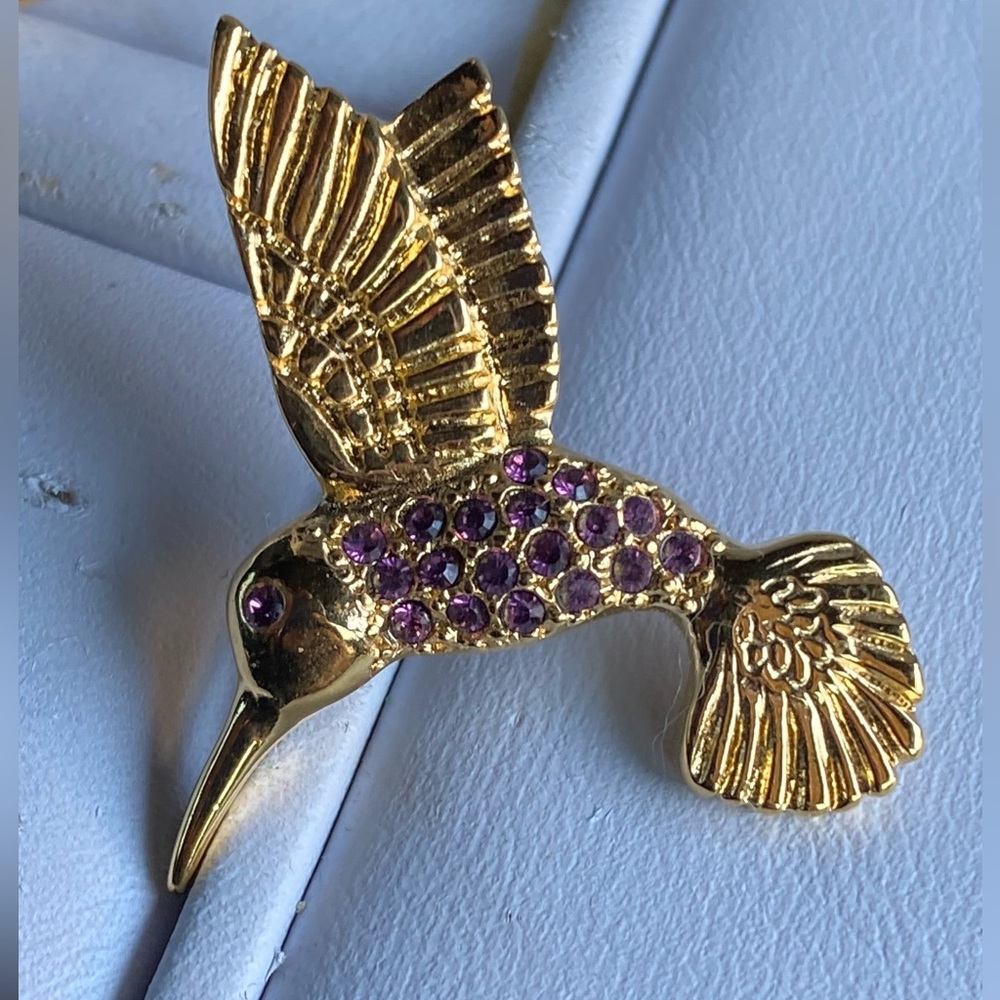 Gold Hummingbird Brooch/Pin with Purple Accents